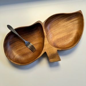 Vintage wooden leaf bowl serving tray carved handcrafted Monkeypod Philippines